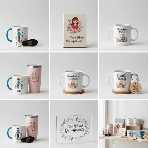 Collection of personalized family-themed gifts