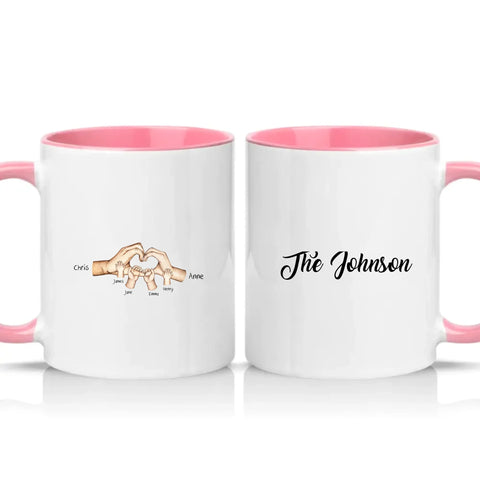 Personalised Family Name Mug – Heart Hands Design – Pink