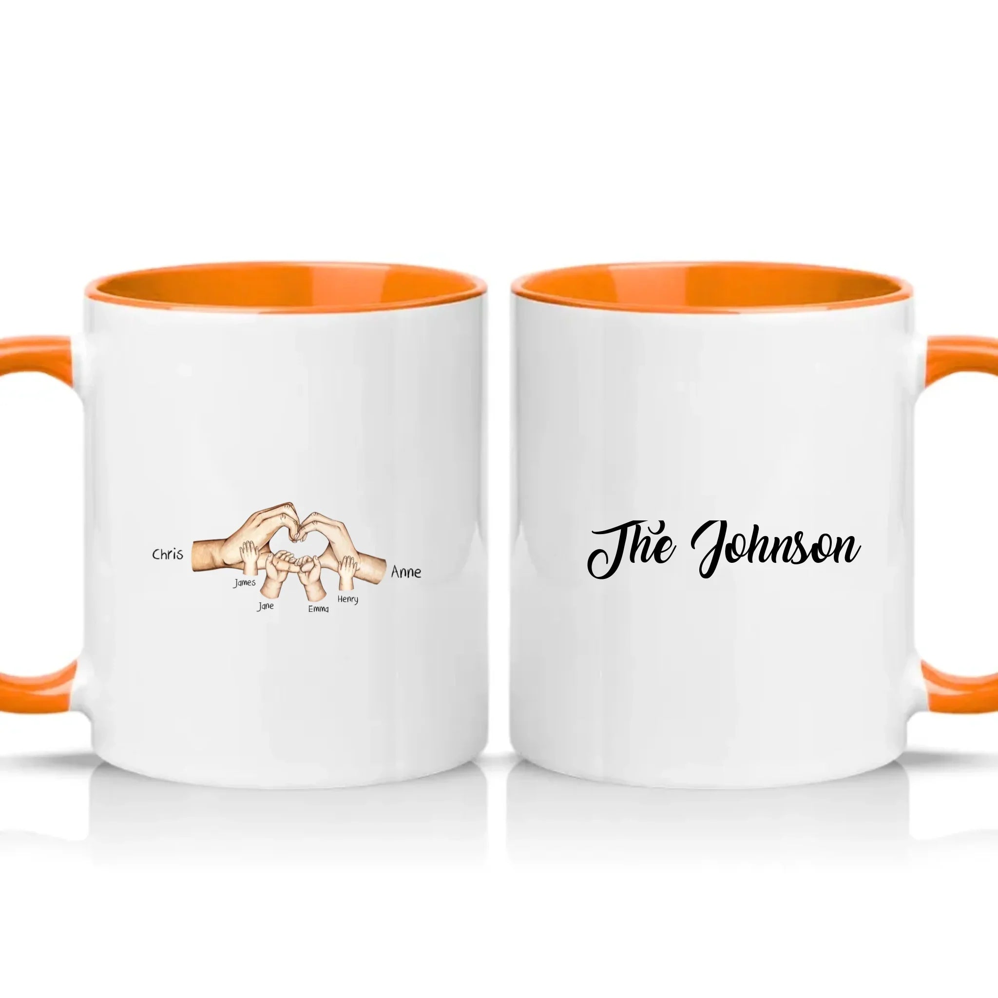 Personalised Family Name Mug – Heart Hands Design – Orange