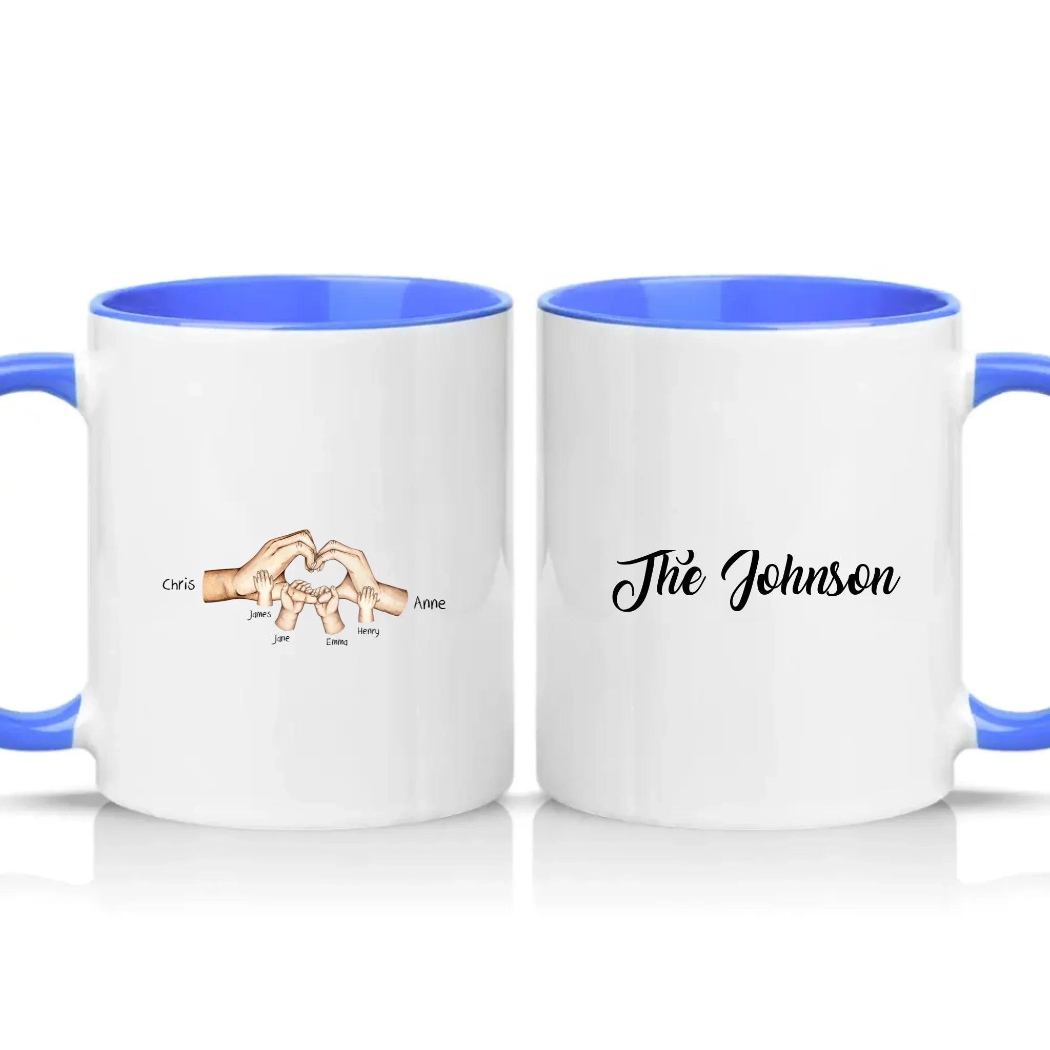 Personalised Family Name Mug – Heart Hands Design – Medium Blue
