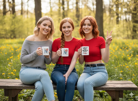 Friends holding custom printed coffee mugs outdoors