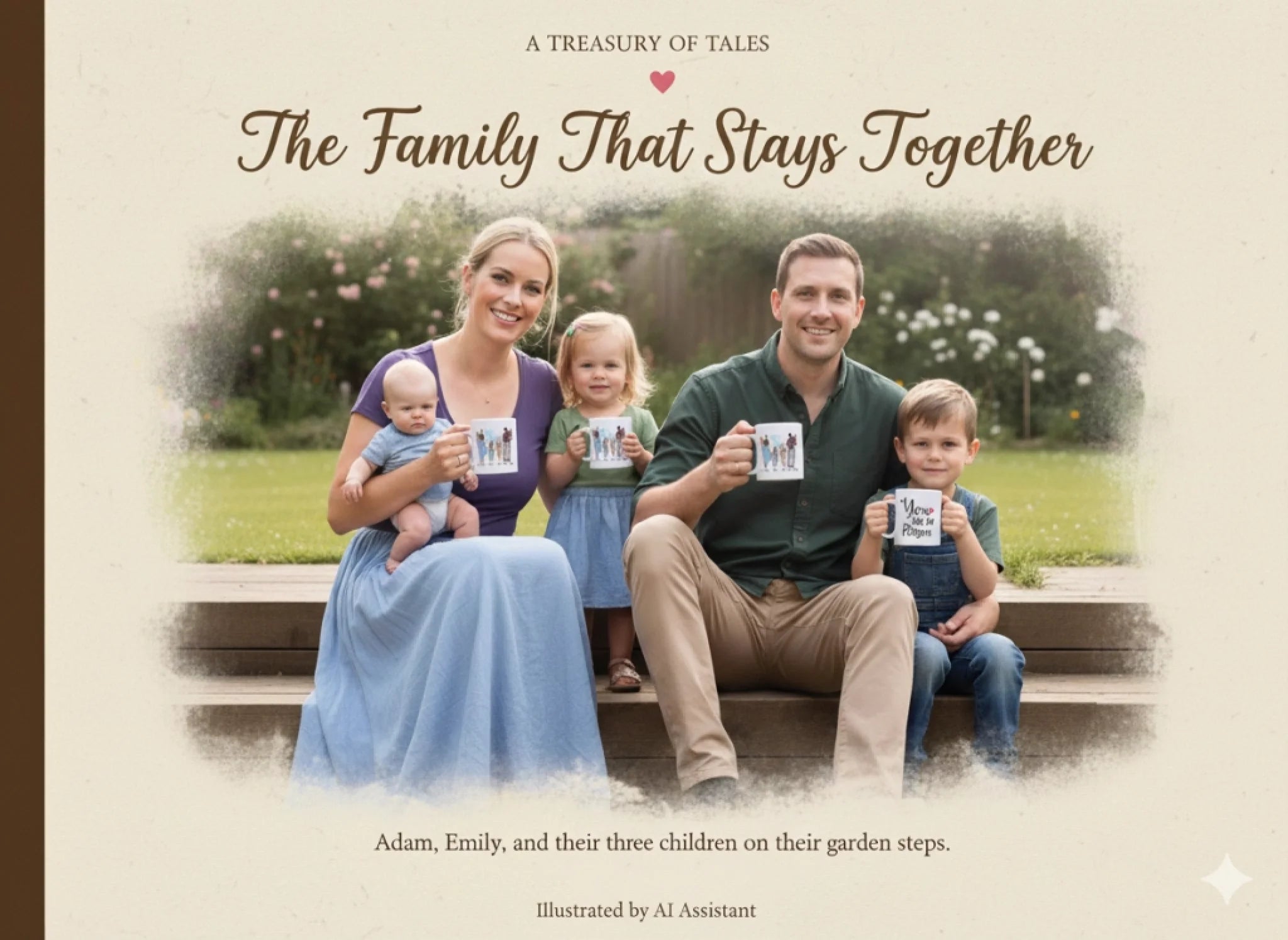 Family holding custom printed coffee mugs outdoors