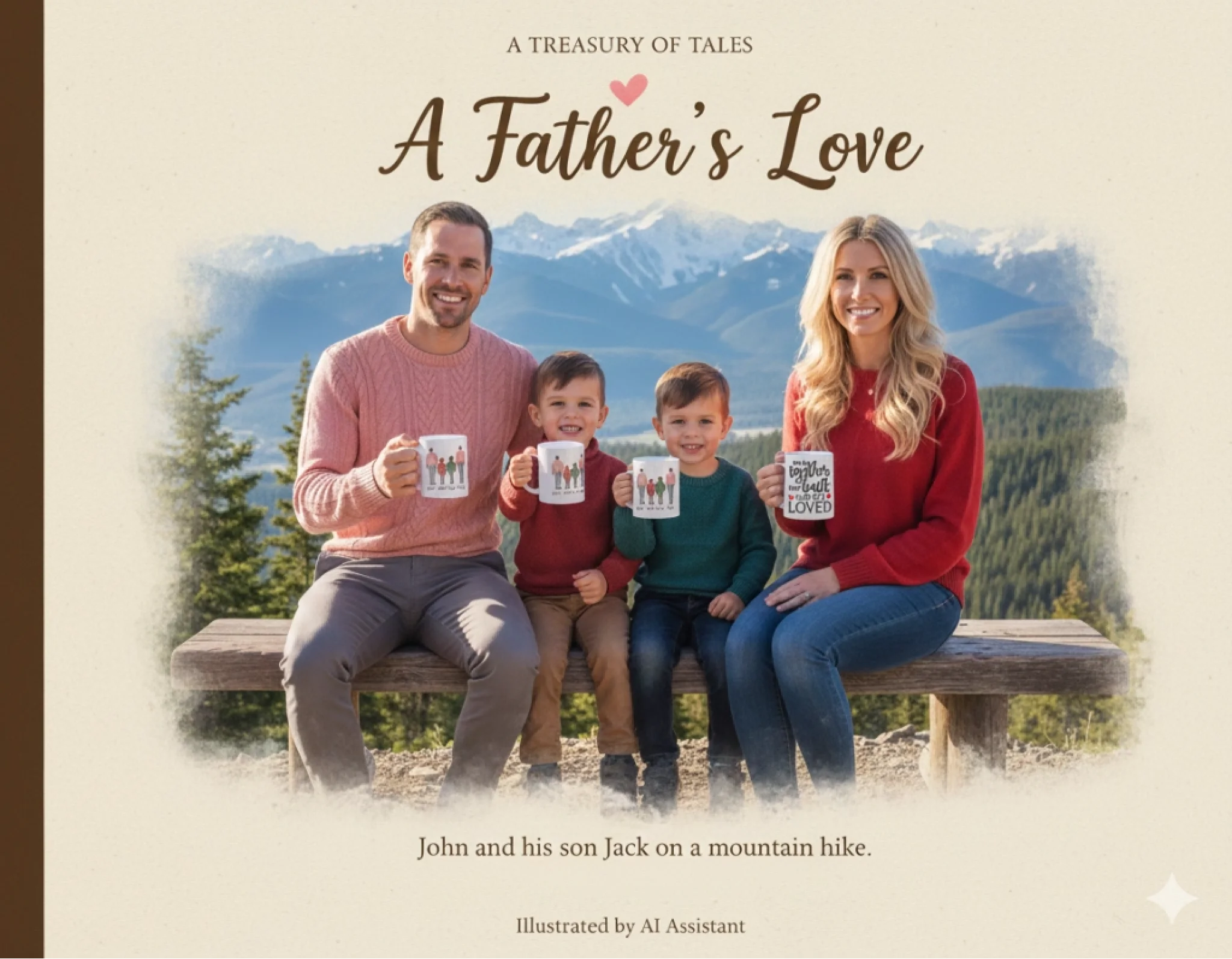 Family holding custom printed coffee mugs outdoors