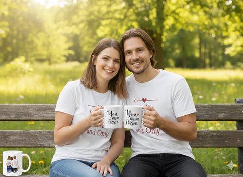 Couple holding custom printed coffee mugs outdoors