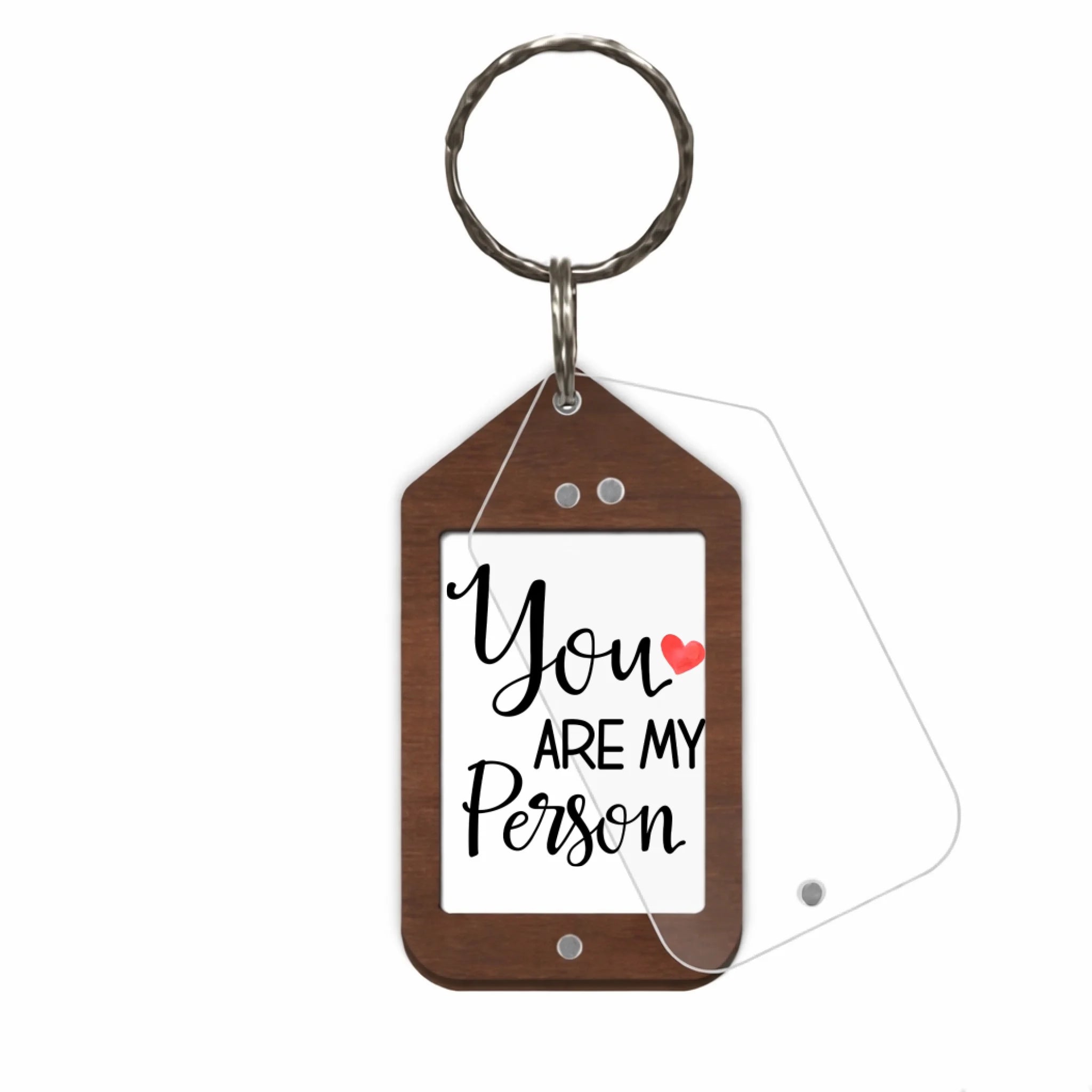 Wooden house-shaped keychain with acrylic overlay