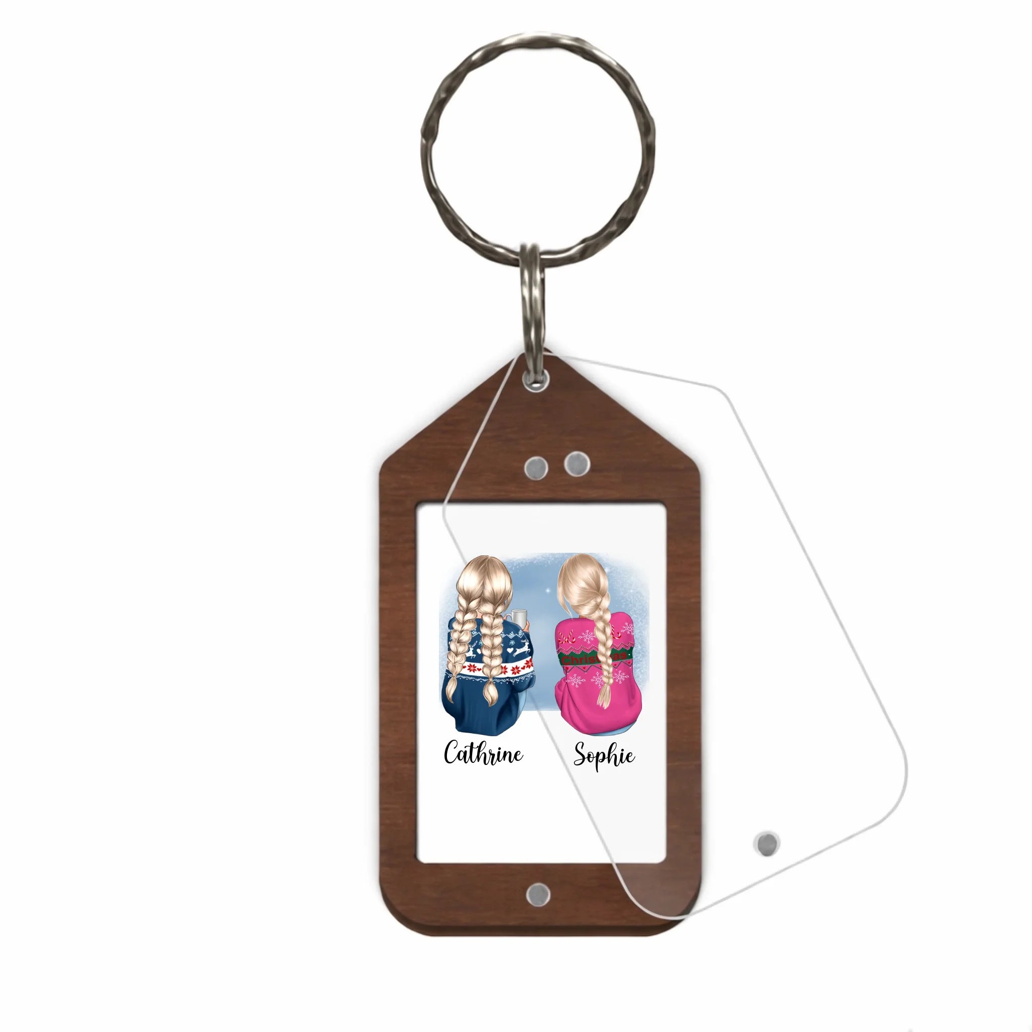 Wooden house-shaped keychain with acrylic overlay