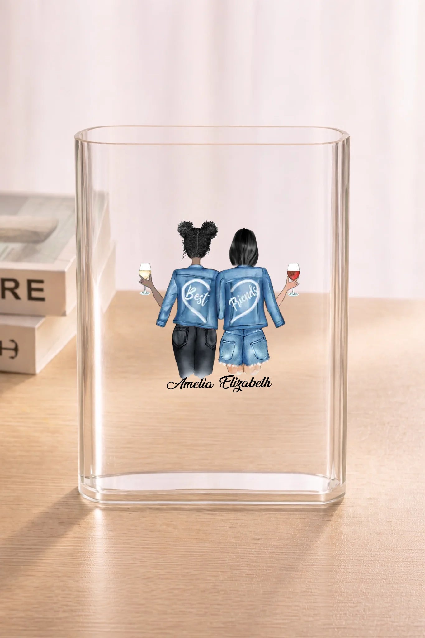 Clear acrylic vase on wood surface