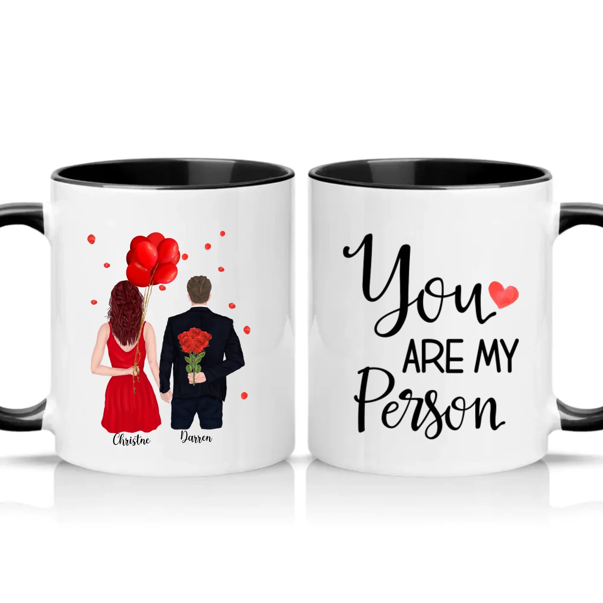 Personalized couple mug with names holding balloons and roses, text “You Are My Person”, romantic Valentine’s Day gift.